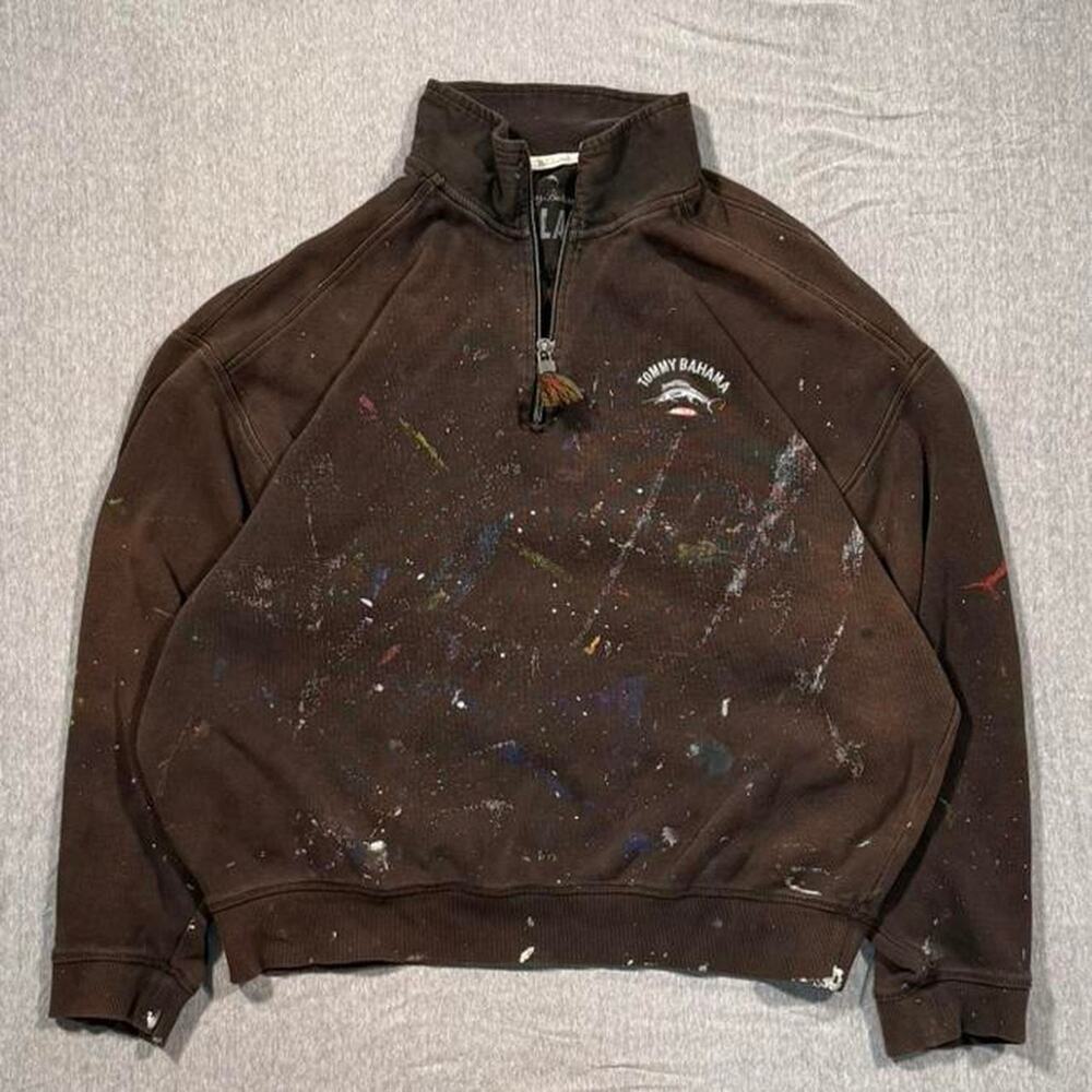 Paint splatter y2k distressed Tommy Bahama brown quarter zip embroidered logo